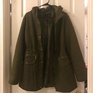 An olive green, hooded fall or winter coat.